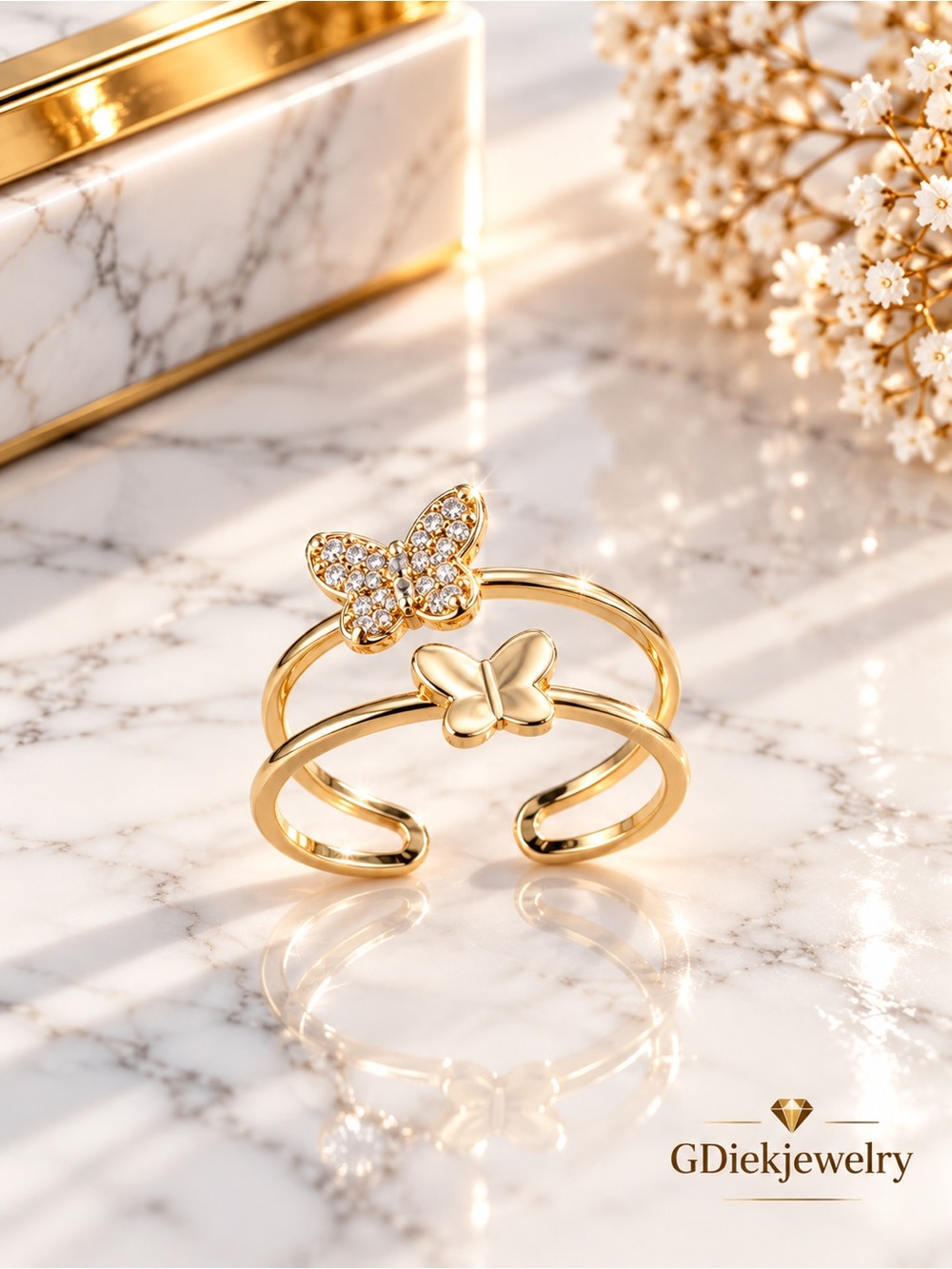 Gold Filled Adjustable Butterfly Double Band Ring - Sparkling & Polished